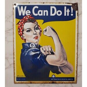 Rosie Riveter We Can Do It Porcelain Enamel Sign Steel Advertising 9.5x7.5" Repr